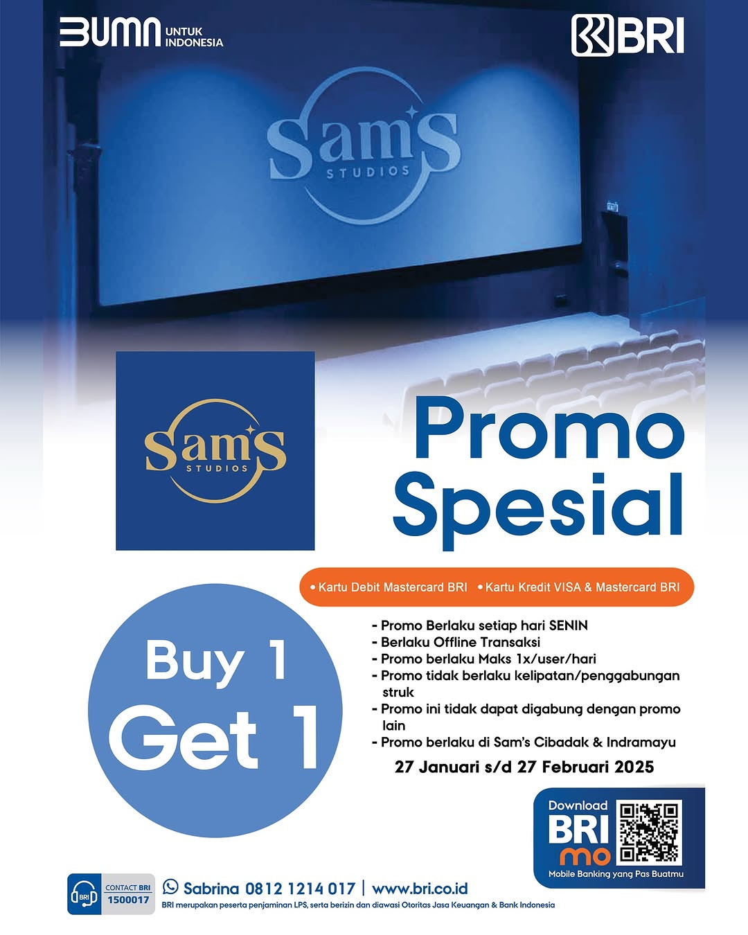 Promo Sam's Studio Buy 1 Get 1 Tiap Senin dengan Kartu Debit/Kredit BRI