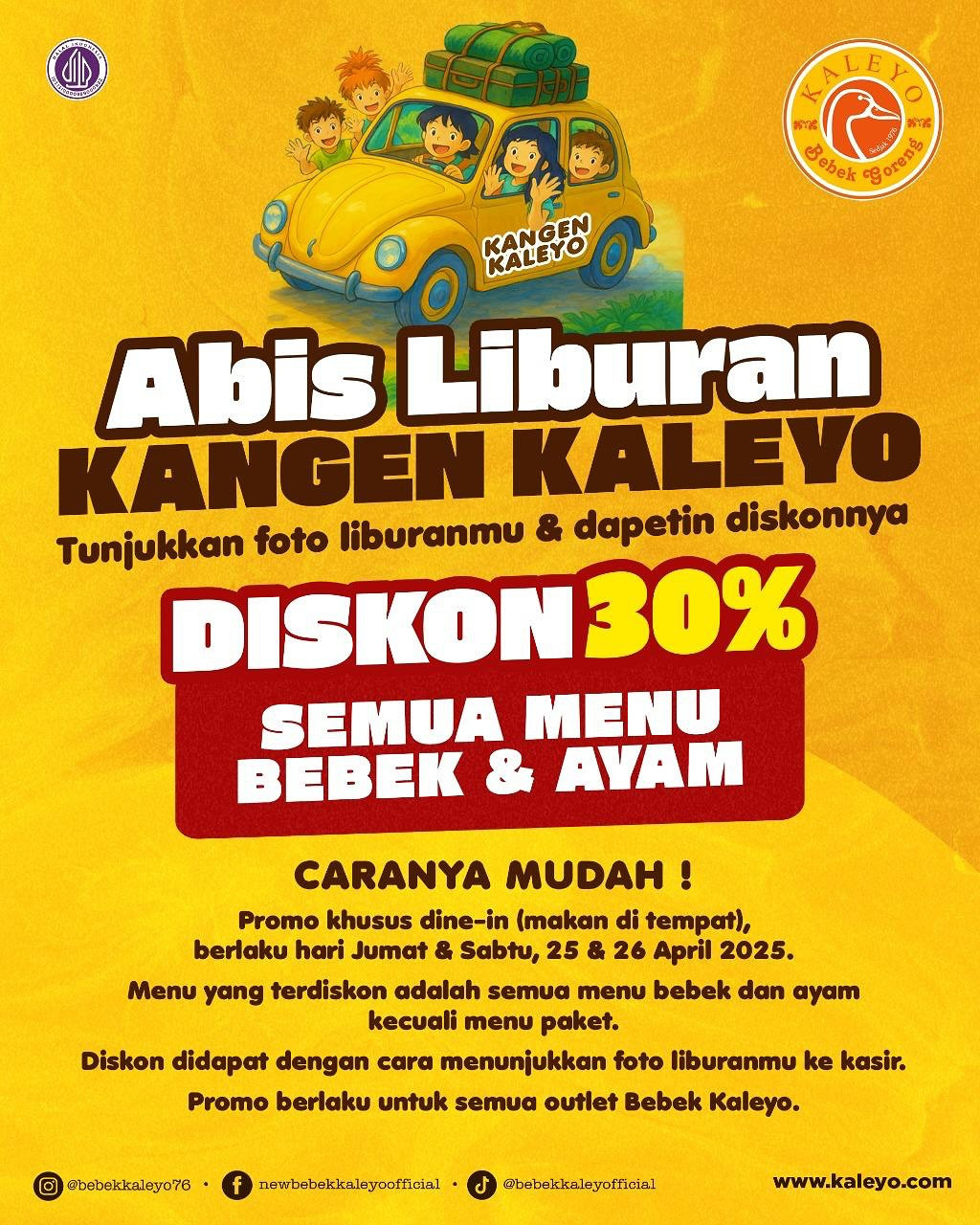 Promo Bebek Kaleyo Diskon 30% Dengan Menunjukkan Foto Liburan