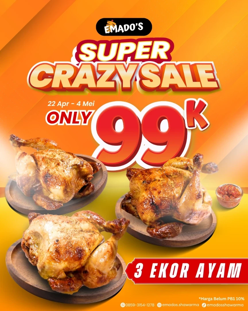 Promo Emados Shawarma Super Crazy Sale 3 Ayam Hanya Rp 99.000 s/d 4 Mei 2025