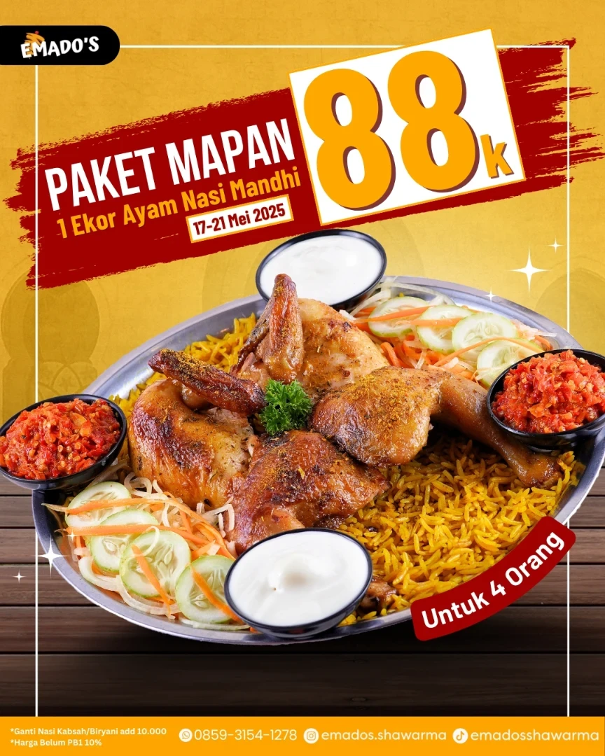 Promo Emados Shawarma Paket Mapan 1 Ekor Ayam Nasi Mandhi Rp 88K