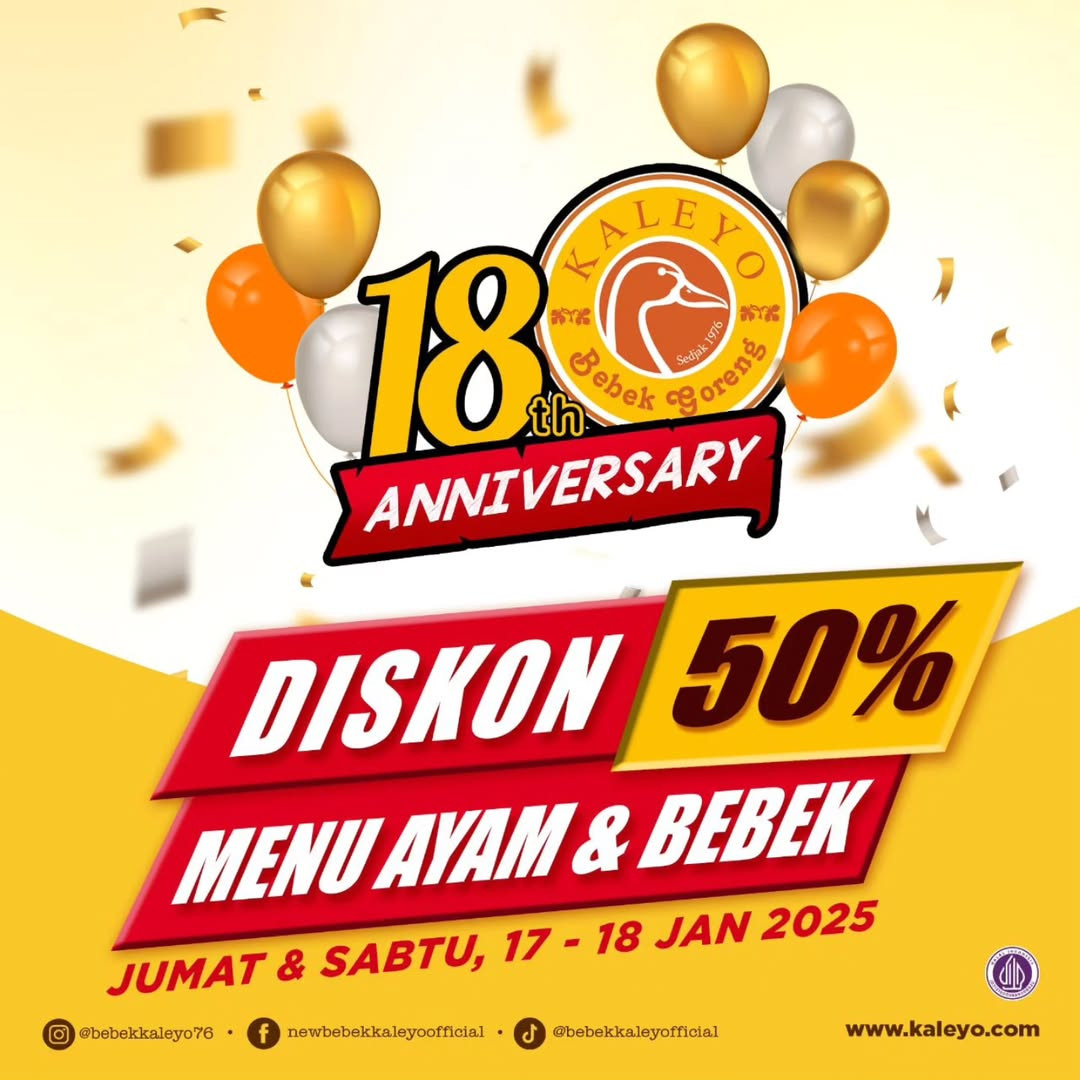 Promo Bebek Kaleyo 18th Anniversary  Diskon 50% Menu Ayam & Bebek