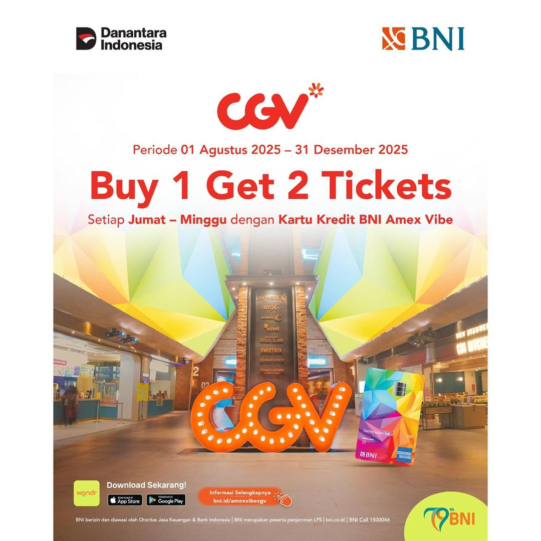 Promo CGV Buy 1 Get 2 Ticket dengan Kartu Kredit BNI
