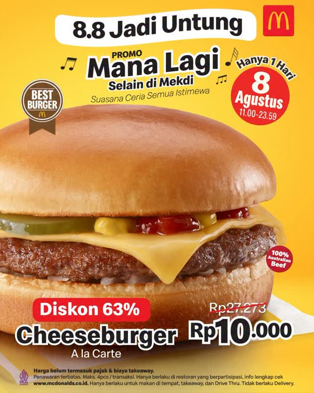 Promo McDonalds Cheeseburger A la Carte Rp 10.000 tanggal 8 Agustus 2025