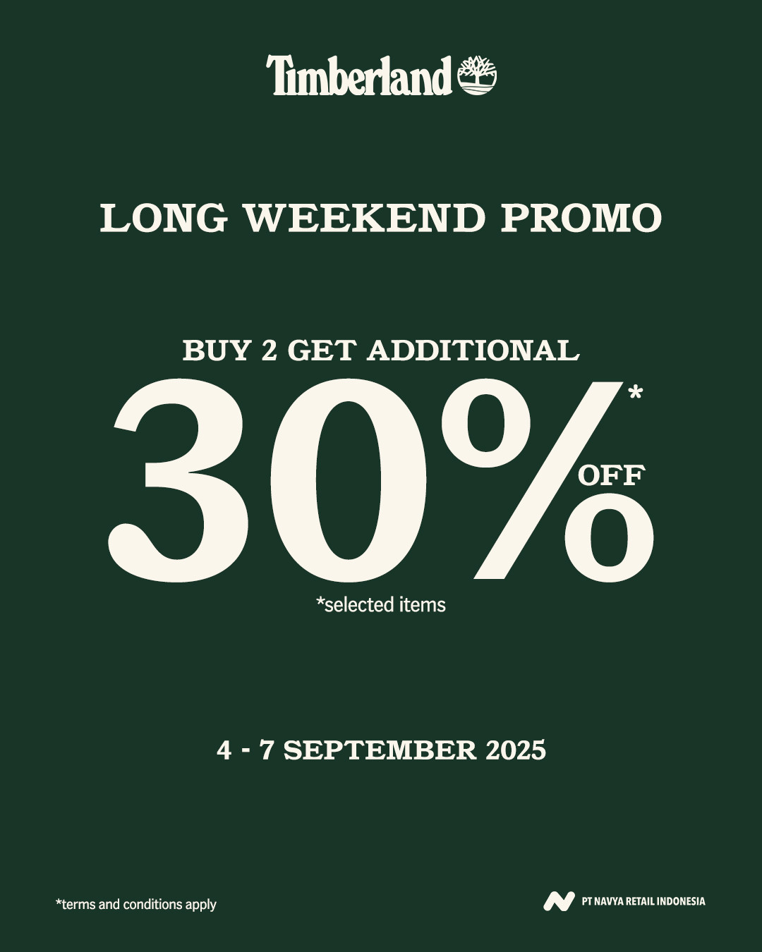 Promo Timberland Long Weekend Beli 2 Diskon 20%