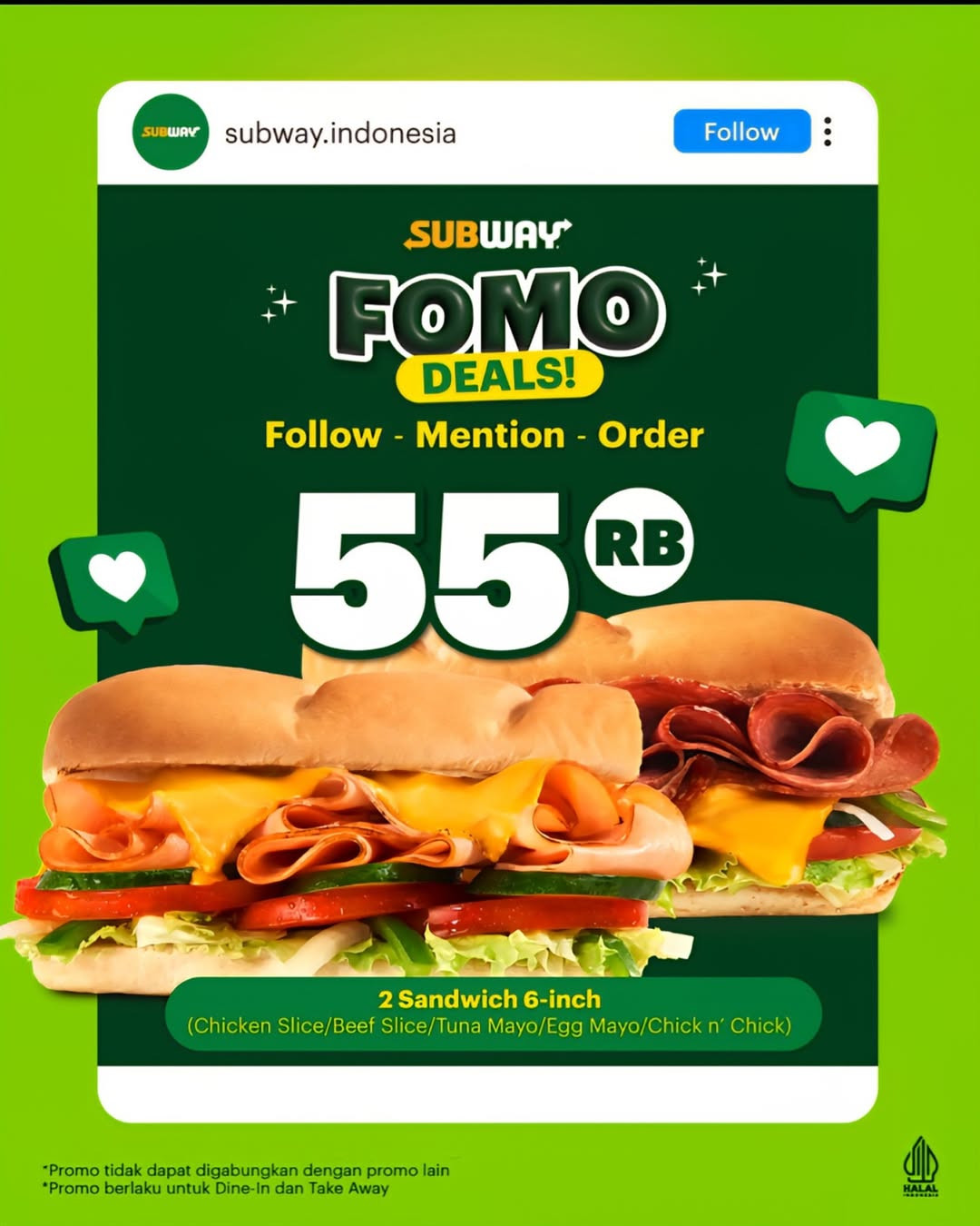 Promo Subway FOMO Deals Rp 55.000
