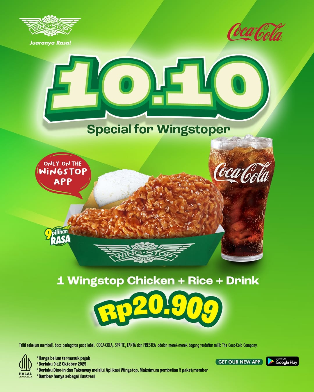 Promo Wingstop 10.10  1 Wingstop Chicken + Rice + Drink Rp 20.909